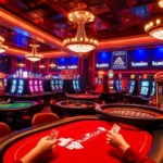Kuwincom casino scene showcasing players engaged in thrilling blackjack and roulette games, surrounded by vibrant slot machines.