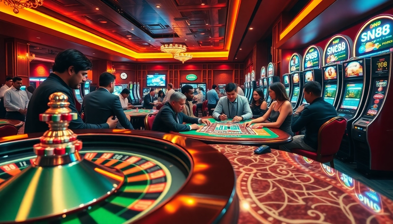 Exciting casino scene showcasing players at the sn88 table games and vibrant slot machines.