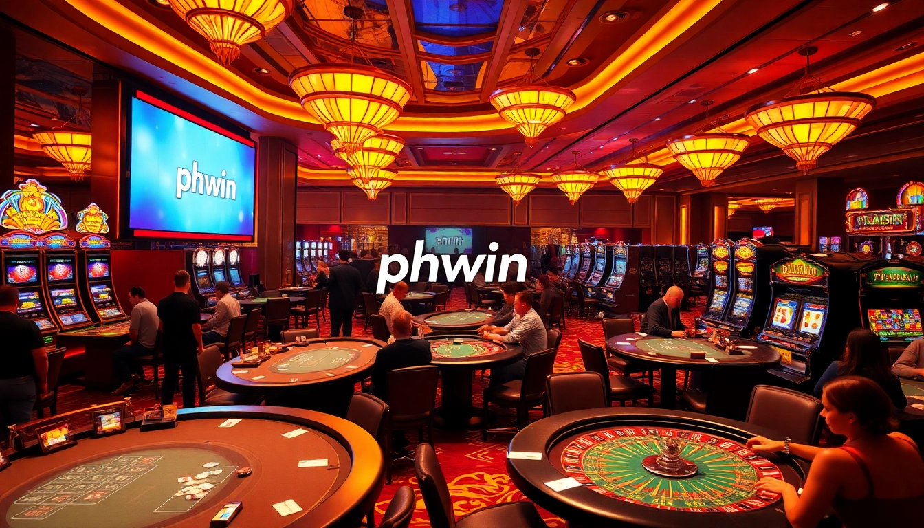 Experience the thrill of phwin as players engage in dynamic casino games, surrounded by vibrant slot machines and tables filled with casino chips.