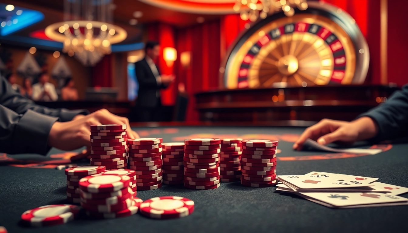 Experience the thrill of L444 gambling with colorful poker chips, vibrant cards, and a roulette wheel.