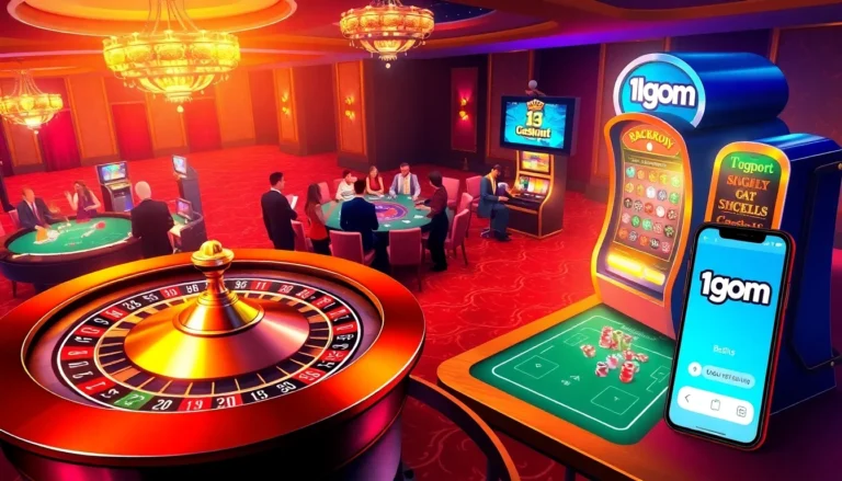 Experience the thrill of 1gom as players cheer around a lively casino gaming floor with roulette and blackjack tables.