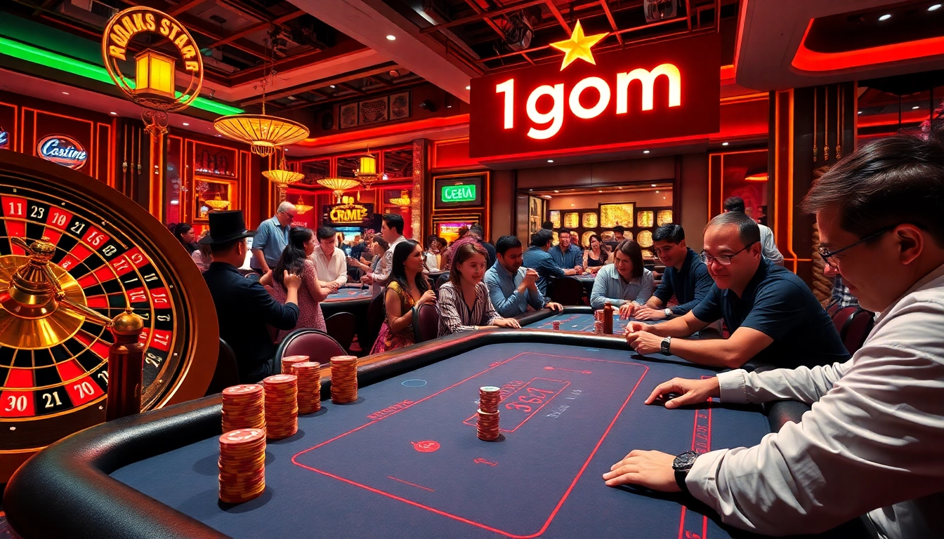 Players engaging in high-stakes poker at a casino, with 1gom neon sign illuminating the excitement of the night.