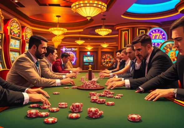 Players enjoying an exhilarating poker game at 789f., surrounded by vibrant casino elements.