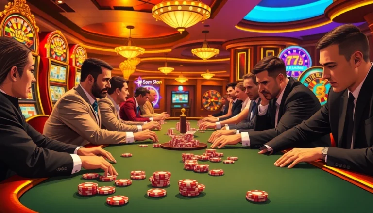 Players enjoying an exhilarating poker game at 789f., surrounded by vibrant casino elements.