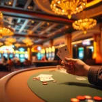 A player wins at kuwin-themed poker table, surrounded by vibrant casino atmosphere.