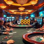 Experience u888's thrilling casino adventure with players at vibrant gaming tables, poker chips, and live action