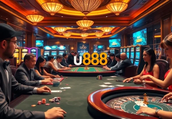 Experience u888's thrilling casino adventure with players at vibrant gaming tables, poker chips, and live action