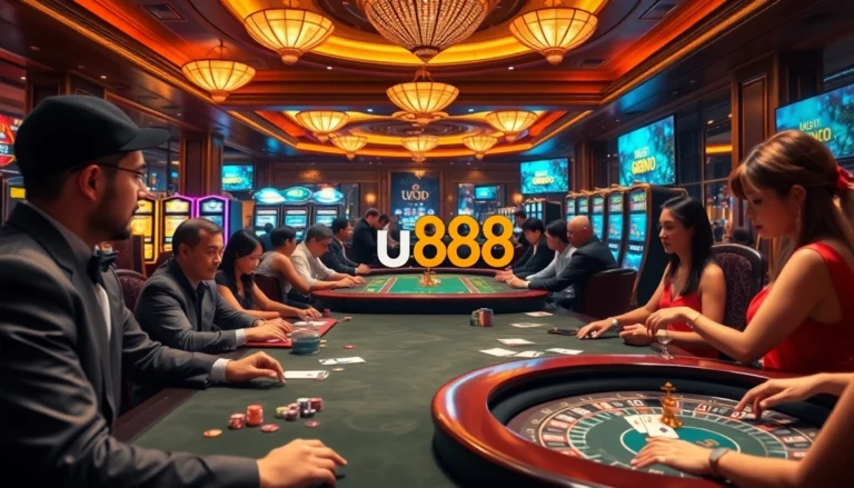 Experience u888's thrilling casino adventure with players at vibrant gaming tables, poker chips, and live action