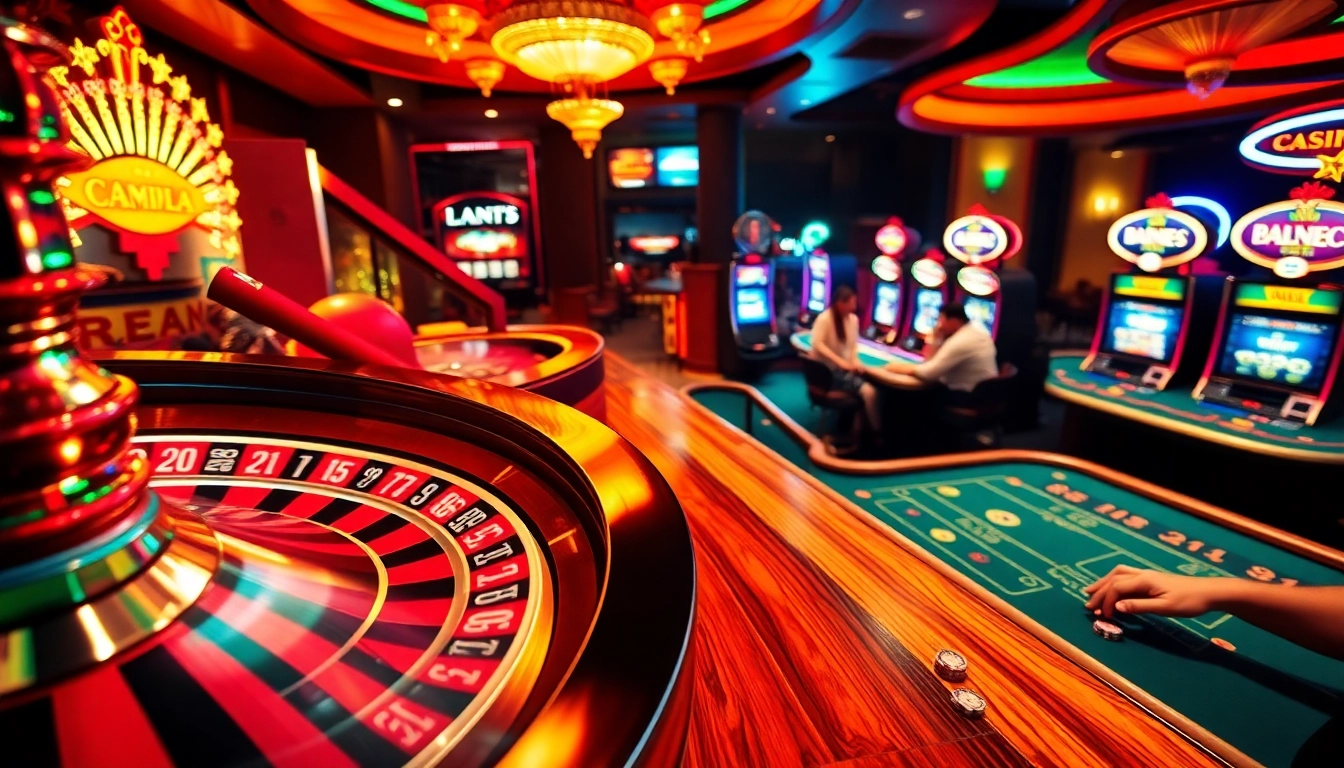 Engage in thrilling gambling at nohu52 with exciting games like roulette and blackjack, surrounded by colorful slot machines.