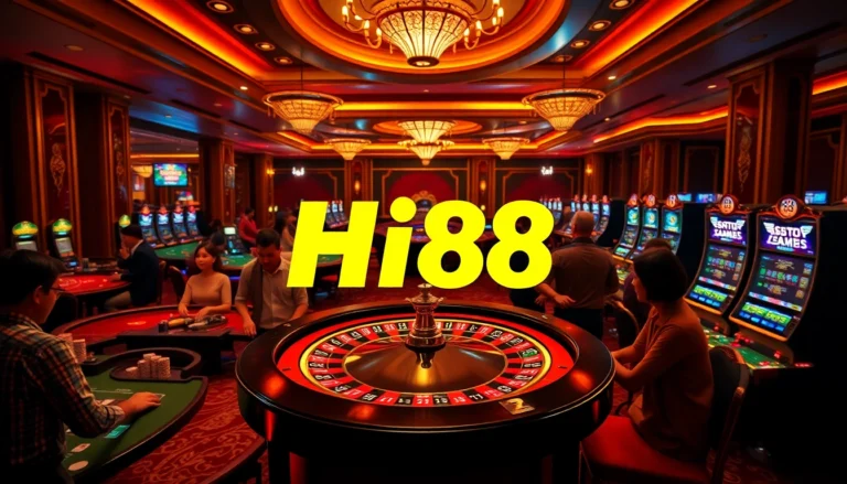 Hi88 Casino scene showcasing players at roulette and slot machines with vibrant energy.