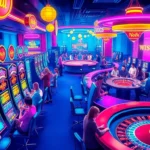 Players enjoying nổ hũ slots in a vibrant casino atmosphere with flashing lights and engaging games.
