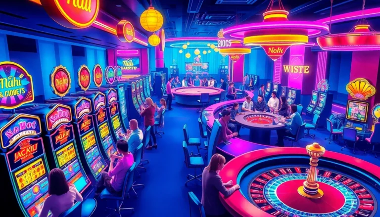 Players enjoying nổ hũ slots in a vibrant casino atmosphere with flashing lights and engaging games.