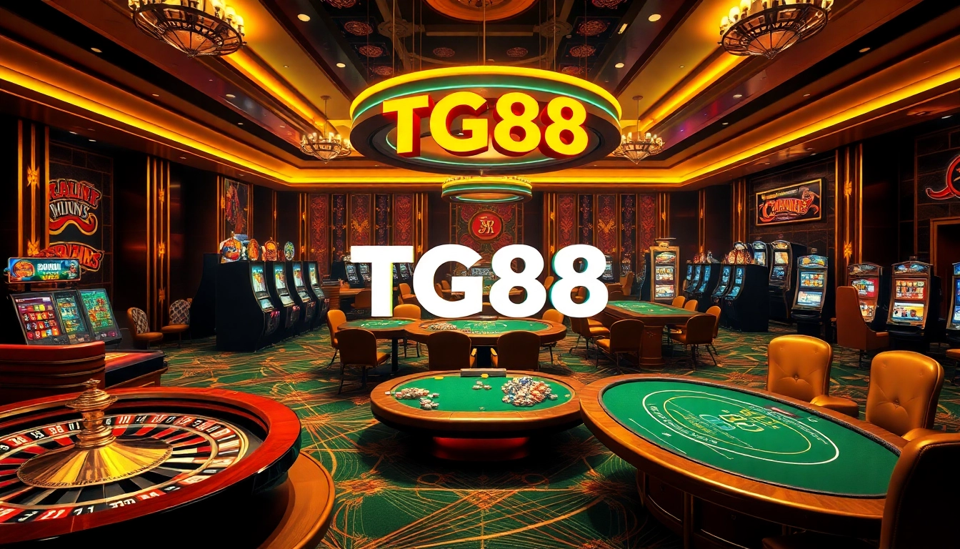 Experience the excitement of winning at TG88 casino, featuring roulette wheels, poker tables, and vibrant slot machines.